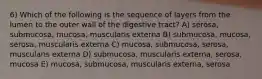 6) Which of the following is the sequence of layers from the lumen to the outer wall of the digestive tract? A) serosa, submucosa, mucosa, muscularis externa B) submucosa, mucosa, serosa, muscularis externa C) mucosa, submucosa, serosa, muscularis externa D) submucosa, muscularis externa, serosa, mucosa E) mucosa, submucosa, muscularis externa, serosa