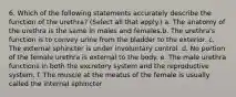 6. Which of the following statements accurately describe the function of the urethra? (Select all that apply.) a. The anatomy of the urethra is the same in males and females.b. The urethra's function is to convey urine from the bladder to the exterior. c. The external sphincter is under involuntary control. d. No portion of the female urethra is external to the body. e. The male urethra functions in both the excretory system and the reproductive system. f. The muscle at the meatus of the female is usually called the internal sphincter