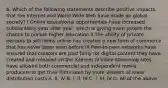 6. Which of the following statements describe positive impacts that the Internet and World Wide Web have made on global society? I.Online educational opportunities have increased substantially year after year, which is giving more people the chance to pursue higher education II.The ability of private persons to sell items online has created a new form of commerce that has never been seen before III.Peer-to-peer networks have ensured that creators are paid fairly for digital content they have created and released on the internet IV.Video streaming sites have allowed both commercial and independent movie producers to get their films seen by more viewers at lower distribution costs A. II, IV B. I, II, IV C. I, III, IV D. All of the above