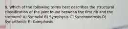 6. Which of the following terms best describes the structural classification of the joint found between the first rib and the sternum? A) Synovial B) Symphysis C) Synchondrosis D) Synarthrotic E) Gomphosis