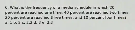 6. What is the frequency of a media schedule in which 20 percent are reached one time, 40 percent are reached two times, 20 percent are reached three times, and 10 percent four times? a. 1 b. 2 c. 2.2 d. 3 e. 3.3