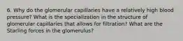 6. Why do the glomerular capillaries have a relatively high blood pressure? What is the specialization in the structure of glomerular capillaries that allows for filtration? What are the Starling forces in the glomerulus?