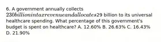 6. A government annually collects 230 billion in tax revenue and allocates29 billion to its universal healthcare spending. What percentage of this government's budget is spent on healthcare? A. 12.60% B. 26.63% C. 16.43% D. 21.90%