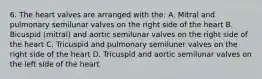 6. The heart valves are arranged with the: A. Mitral and pulmonary semilunar valves on the right side of the heart B. Bicuspid (mitral) and aortic semilunar valves on the right side of the heart C. Tricuspid and pulmonary semiluner valves on the right side of the heart D. Tricuspid and aortic semilunar valves on the left side of the heart