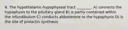 6. The hypothalamic-hypophyseal tract ________. A) connects the hypophysis to the pituitary gland B) is partly contained within the infundibulum C) conducts aldosterone to the hypophysis D) is the site of prolactin synthesis