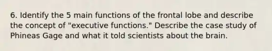 6. Identify the 5 main functions of the frontal lobe and describe the concept of "executive functions." Describe the case study of Phineas Gage and what it told scientists about the brain.