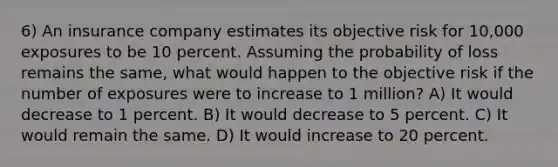 6) An insurance company estimates its objective risk for 10,000 exposures to be 10 percent. Assuming the probability of loss remains the same, what would happen to the objective risk if the number of exposures were to increase to 1 million? A) It would decrease to 1 percent. B) It would decrease to 5 percent. C) It would remain the same. D) It would increase to 20 percent.