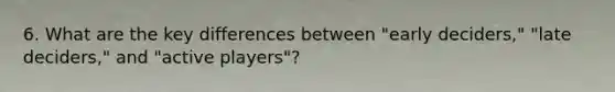 6. What are the key differences between "early deciders," "late deciders," and "active players"?