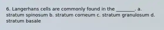 6. Langerhans cells are commonly found in the ________. a. stratum spinosum b. stratum corneum c. stratum granulosum d. stratum basale