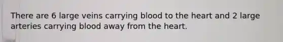 There are 6 large veins carrying blood to the heart and 2 large arteries carrying blood away from the heart.