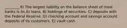 ________ 6) The largest liability on the balance sheet of most banks is its A) loans. B) holdings of securities. C) deposits with the Federal Reserve. D) checking account and savings account deposits of its customers. E) vault cash.