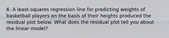6. A least-squares regression line for predicting weights of basketball players on the basis of their heights produced the residual plot below. What does the residual plot tell you about the linear model?