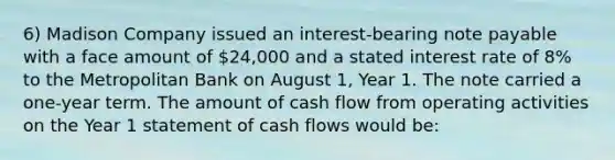 6) Madison Company issued an interest-bearing note payable with a face amount of 24,000 and a stated interest rate of 8% to the Metropolitan Bank on August 1, Year 1. The note carried a one-year term. The amount of cash flow from operating activities on the Year 1 statement of cash flows would be: