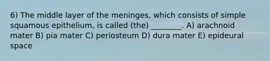 6) The middle layer of <a href='https://www.questionai.com/knowledge/k36SqhoPCV-the-meninges' class='anchor-knowledge'>the meninges</a>, which consists of simple squamous epithelium, is called (the) ________. A) arachnoid mater B) pia mater C) periosteum D) dura mater E) epideural space