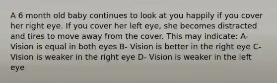 A 6 month old baby continues to look at you happily if you cover her right eye. If you cover her left eye, she becomes distracted and tires to move away from the cover. This may indicate: A- Vision is equal in both eyes B- Vision is better in the right eye C- Vision is weaker in the right eye D- Vision is weaker in the left eye