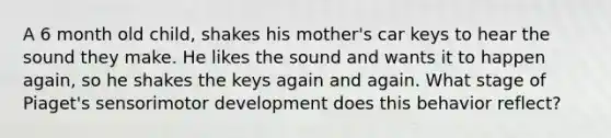 A 6 month old child, shakes his mother's car keys to hear the sound they make. He likes the sound and wants it to happen again, so he shakes the keys again and again. What stage of Piaget's sensorimotor development does this behavior reflect?