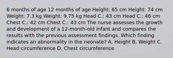 6 months of age 12 months of age Height: 65 cm Height: 74 cm Weight: 7.3 kg Weight: 9.75 kg Head C.: 43 cm Head C.: 46 cm Chest C.: 42 cm Chest C.: 43 cm The nurse assesses the growth and development of a 12-month-old infant and compares the results with the previous assessment findings. Which finding indicates an abnormality in the neonate? A. Height B. Weight C. Head circumference D. Chest circumference