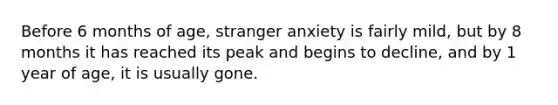 Before 6 months of age, stranger anxiety is fairly mild, but by 8 months it has reached its peak and begins to decline, and by 1 year of age, it is usually gone.