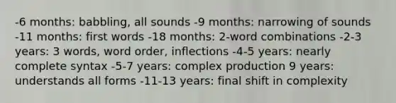 -6 months: babbling, all sounds -9 months: narrowing of sounds -11 months: first words -18 months: 2-word combinations -2-3 years: 3 words, word order, inflections -4-5 years: nearly complete syntax -5-7 years: complex production 9 years: understands all forms -11-13 years: final shift in complexity