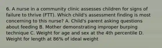 6. A nurse in a community clinic assesses children for signs of failure to thrive (FTT). Which child's assessment finding is most concerning to this nurse? A. Child's parent asking questions about feeding B. Mother demonstrating improper burping technique C. Weight for age and sex at the 4th percentile D. Weight for length at 86% of ideal weight