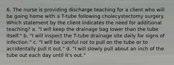 6. The nurse is providing discharge teaching for a client who will be going home with a T-tube following cholecystectomy surgery. Which statement by the client indicates the need for additional teaching? a. "I will keep the drainage bag lower than the tube itself." b. "I will inspect the T-tube drainage site daily for signs of infection." c. "I will be careful not to pull on the tube or to accidentally pull it out." d. "I will slowly pull about an inch of the tube out each day until it's out."