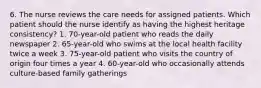 6. The nurse reviews the care needs for assigned patients. Which patient should the nurse identify as having the highest heritage consistency? 1. 70-year-old patient who reads the daily newspaper 2. 65-year-old who swims at the local health facility twice a week 3. 75-year-old patient who visits the country of origin four times a year 4. 60-year-old who occasionally attends culture-based family gatherings