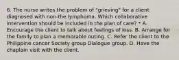 6. The nurse writes the problem of "grieving" for a client diagnosed with non-the lymphoma. Which collaborative intervention should be included in the plan of care? * A. Encourage the client to talk about feelings of loss. B. Arrange for the family to plan a memorable outing. C. Refer the client to the Philippine cancer Society group Dialogue group. D. Have the chaplain visit with the client.