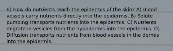 6) How do nutrients reach <a href='https://www.questionai.com/knowledge/kBFgQMpq6s-the-epidermis' class='anchor-knowledge'>the epidermis</a> of the skin? A) Blood vessels carry nutrients directly into the epidermis. B) Solute pumping transports nutrients into the epidermis. C) Nutrients migrate in vesicles from <a href='https://www.questionai.com/knowledge/ktsCAWWU5U-the-hypodermis' class='anchor-knowledge'>the hypodermis</a> into the epidermis. D) Diffusion transports nutrients from blood vessels in <a href='https://www.questionai.com/knowledge/kEsXbG6AwS-the-dermis' class='anchor-knowledge'>the dermis</a> into the epidermis.