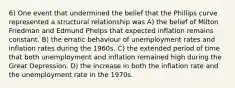 6) One event that undermined the belief that the Phillips curve represented a structural relationship was A) the belief of Milton Friedman and Edmund Phelps that expected inflation remains constant. B) the erratic behaviour of unemployment rates and inflation rates during the 1960s. C) the extended period of time that both unemployment and inflation remained high during the Great Depression. D) the increase in both the inflation rate and the unemployment rate in the 1970s.