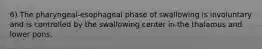 6) The pharyngeal-esophageal phase of swallowing is involuntary and is controlled by the swallowing center in the thalamus and lower pons.