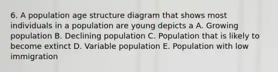 6. A population age structure diagram that shows most individuals in a population are young depicts a A. Growing population B. Declining population C. Population that is likely to become extinct D. Variable population E. Population with low immigration