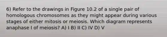 6) Refer to the drawings in Figure 10.2 of a single pair of homologous chromosomes as they might appear during various stages of either mitosis or meiosis. Which diagram represents anaphase I of meiosis? A) I B) II C) IV D) V