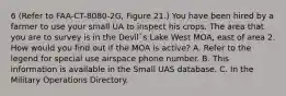 6 (Refer to FAA-CT-8080-2G, Figure 21.) You have been hired by a farmer to use your small UA to inspect his crops. The area that you are to survey is in the Devil`s Lake West MOA, east of area 2. How would you find out if the MOA is active? A. Refer to the legend for special use airspace phone number. B. This information is available in the Small UAS database. C. In the Military Operations Directory.