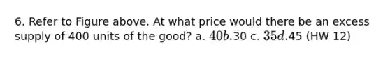 6. Refer to Figure above. At what price would there be an excess supply of 400 units of the good? a. 40 b.30 c. 35 d.45 (HW 12)