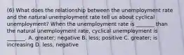 (6) What does the relationship between the unemployment rate and the natural unemployment rate tell us about cyclical​ unemployment? When the unemployment rate is​ _______ than the natural unemployment​ rate, cyclical unemployment is​ _______. A. ​greater; negative B. ​less; positive C. ​greater; is increasing D. ​less; negative