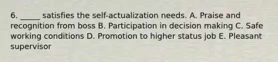 6. _____ satisfies the self-actualization needs. A. Praise and recognition from boss B. Participation in decision making C. Safe working conditions D. Promotion to higher status job E. Pleasant supervisor