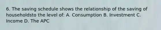 6. The saving schedule shows the relationship of the saving of householdsto the level of: A. Consumption B. Investment C. Income D. The APC