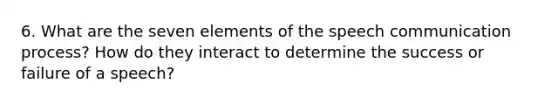6. What are the seven elements of the speech communication process? How do they interact to determine the success or failure of a speech?
