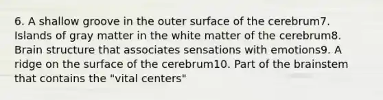 6. A shallow groove in the outer surface of the cerebrum7. Islands of gray matter in the white matter of the cerebrum8. Brain structure that associates sensations with emotions9. A ridge on the surface of the cerebrum10. Part of the brainstem that contains the "vital centers"