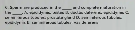 6. Sperm are produced in the _____ and complete maturation in the _____. A. epididymis; testes B. ductus deferens; epididymis C. seminiferous tubules; prostate gland D. seminiferous tubules; epididymis E. seminiferous tubules; vas deferens