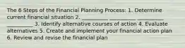 The 6 Steps of the Financial Planning Process: 1. Determine current financial situation 2. __________ __________ __________ __________ 3. Identify alternative courses of action 4. Evaluate alternatives 5. Create and implement your financial action plan 6. Review and revise the financial plan