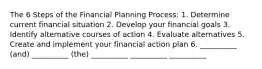 The 6 Steps of the Financial Planning Process: 1. Determine current financial situation 2. Develop your financial goals 3. Identify alternative courses of action 4. Evaluate alternatives 5. Create and implement your financial action plan 6. __________ (and) __________ (the) __________ __________ __________