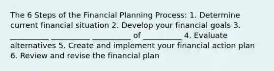 The 6 Steps of the Financial Planning Process: 1. Determine current financial situation 2. Develop your financial goals 3. __________ __________ __________ of __________ 4. Evaluate alternatives 5. Create and implement your financial action plan 6. Review and revise the financial plan