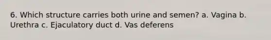 6. Which structure carries both urine and semen? a. Vagina b. Urethra c. Ejaculatory duct d. Vas deferens