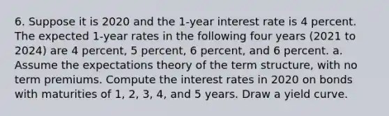 6. Suppose it is 2020 and the 1-year interest rate is 4 percent. The expected 1-year rates in the following four years (2021 to 2024) are 4 percent, 5 percent, 6 percent, and 6 percent. a. Assume the expectations theory of the term structure, with no term premiums. Compute the interest rates in 2020 on bonds with maturities of 1, 2, 3, 4, and 5 years. Draw a yield curve.