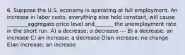 6. Suppose the U.S. economy is operating at full employment. An increase in labor costs, everything else held constant, will cause ________aggregate price level and_______ the unemployment rate in the short run. A) a decrease; a decrease --- B) a decrease; an increase C) an increase; a decrease D)an increase; no change E)an increase; an increase