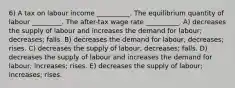 6) A tax on labour income __________. The equilibrium quantity of labour _________. The after-tax wage rate __________. A) decreases the supply of labour and increases the demand for labour; decreases; falls. B) decreases the demand for labour; decreases; rises. C) decreases the supply of labour; decreases; falls. D) decreases the supply of labour and increases the demand for labour; increases; rises. E) decreases the supply of labour; increases; rises.