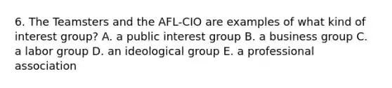 6. The Teamsters and the AFL-CIO are examples of what kind of interest group? A. a public interest group B. a business group C. a labor group D. an ideological group E. a professional association