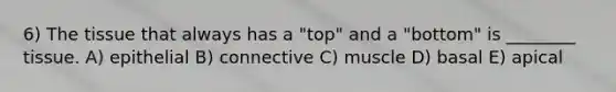 6) The tissue that always has a "top" and a "bottom" is ________ tissue. A) epithelial B) connective C) muscle D) basal E) apical