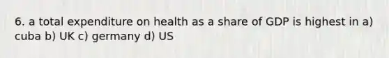 6. a total expenditure on health as a share of GDP is highest in a) cuba b) UK c) germany d) US